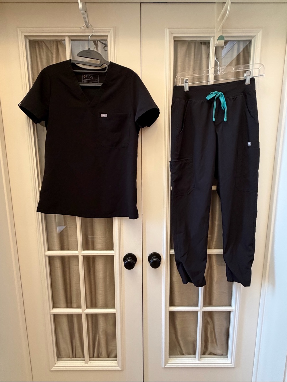 Figs Black Scrub Top and Jogger Set with Teal Drawstring